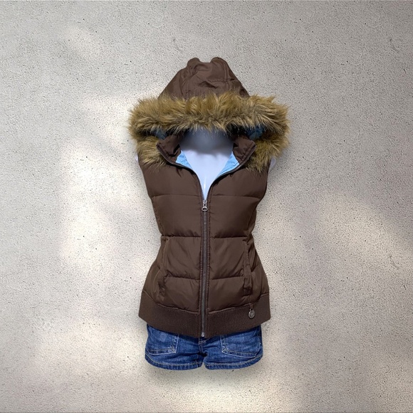Aeropostale Brown Fur Hooded Puffer Vest - Picture 1 of 5